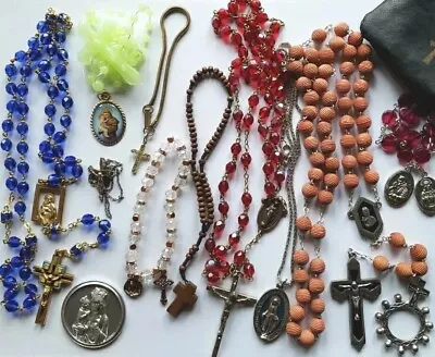 Vtg Lot Rosary Beads Blue Red Glass Wood Saints Medals Crucifix Bracelet  • $5.59