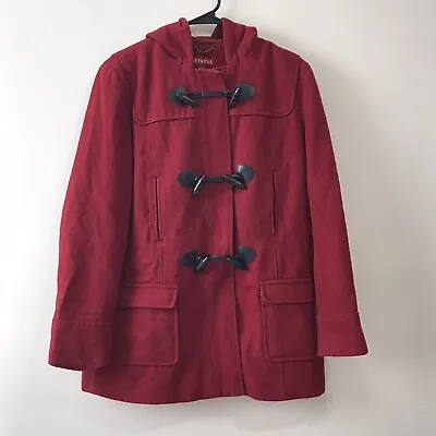 Womens Merona Red Wool Coat Jacket Size L Large Hooded Toogle Heavy • $35