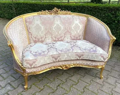 Classic Chic 1900s French Louis XVI Corbeille Settee Featuring Pink Damask • $2400