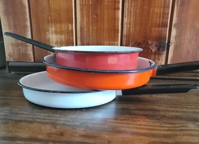 Vintage Graniteware Enamelware Frying Pan Skillet LOT OF 3 White Orange Red • $29