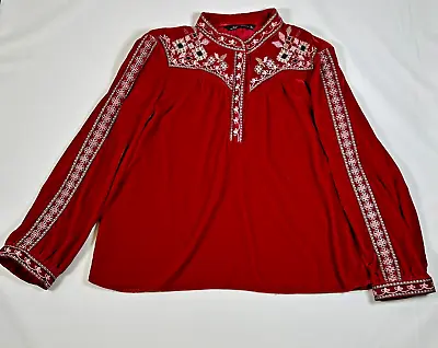Zara Woman Red Velvet Embroidered Floral Long Sleeve Top Boho Womens Size Large • $32.99