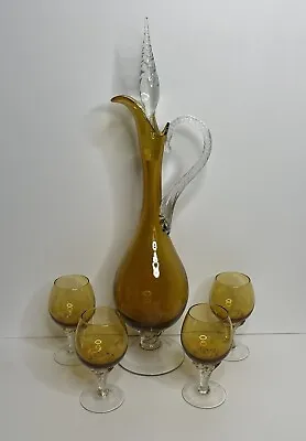 Vintage Venetian Murano Italy Glass Decanter Set Amber Twisted Italian Pitcher  • $65