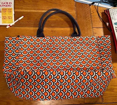 Mud Pie Orange & Navy Tote Bag Jute Cotton Canvas With One Pocket Inside EUC • $25