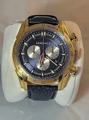 $46 • Buy Versace V-Ray Gold Tone Case, Blue Leather Straps Chronograph Men's Watch