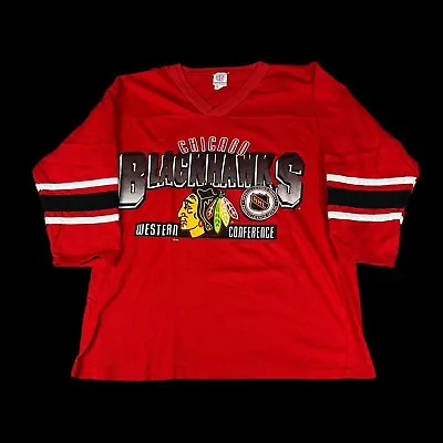Vintage 90s Chicago Blackhawks T Shirt Womens M Red Made In USA SS NHL V Neck • $22.99