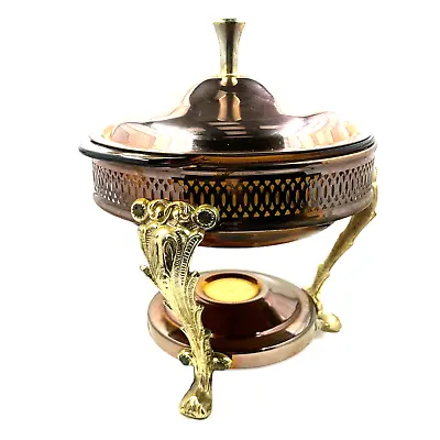 Vintage Copper Brass Chaffing Dish Glass Insert Food Warmer Sterno W/ Stand MCM • $33.59