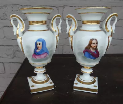 Antique Pair Small Vieux Paris Porcelain Portrait Jesus Mary Vases Swan Handles • $315