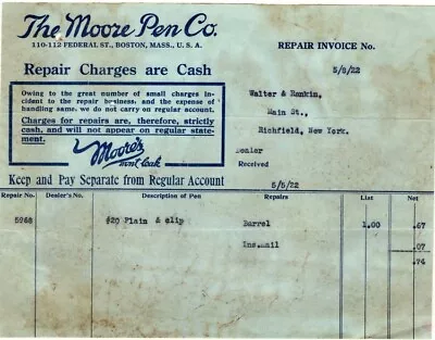 The Moore Pen Co. Boston Bill To Walter & Rankin Richfield NY 5/8/1922 • $10.19