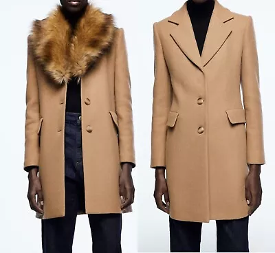 Zara New Women Wool Blend Removable Faux Fur Collar Coat Camel 2179/289 Xs S M • $222.65
