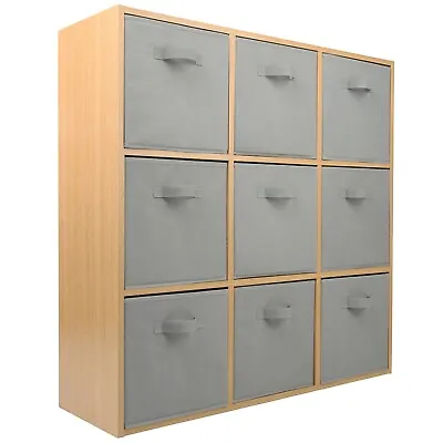 Oak 9 Cube 9 Grey Drawer Storage Bookcase Shelf Display Unit Shelving Stand • £79.99