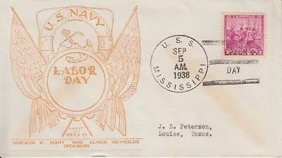 1938 Uss Mississippi Naval Cover W/ Aiglon Labor Day Cachet + #836 Delaware Gem! • $2.49