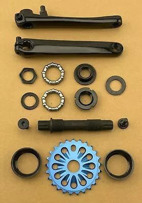 Genuine 3 Piece Steel 175mm Long Crank Set In Black With All Blue Alloy Sprocket • $92.79