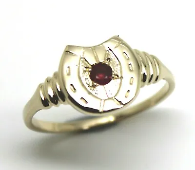 Size N 1/2  Large 9ct 9k Genuine Yellow Gold 3mm Ruby Lucky Horse Shoe Ring • £254.72