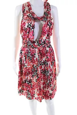 Shoshanna Womens Silk Sleeveless Satin Printed Halter Dress White Pink Size 2 • $2.99