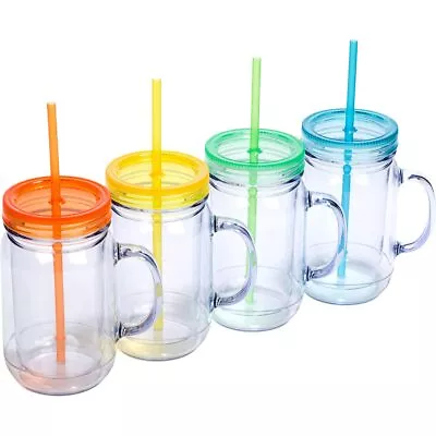 Plastic Mason Jars With Handles Lids And Straws | 20 Oz Double Insulated Tum... • $42.51