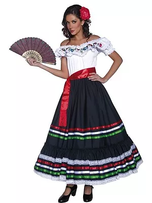 Senorita Dress Ladies 2 Pc Black White & Red Mexican Cinco De Mayo Dress & Sash • $59.48