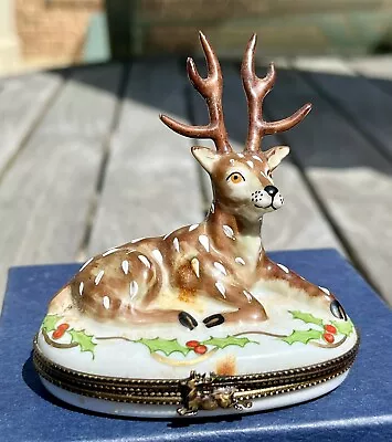 Limoges Christmas Reindeer With Antlers Trinket Box France Hand Painted • $274.95