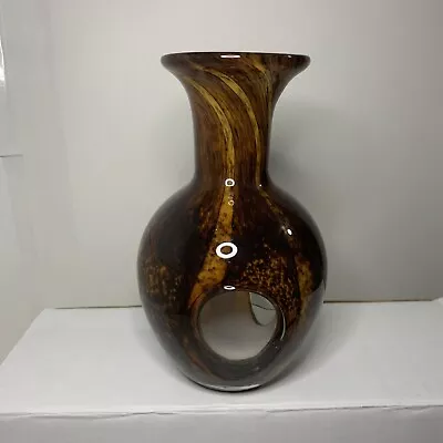 Vintage Mid Century Brown Swirl Art Glass Vase With See Through Windows • $21.42