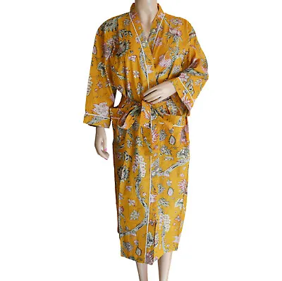 $42.89 • Buy Cotton Sanganeri Hand Block Print Long Kimono Dress Comfortable Summer Wear Robe