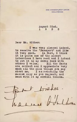 Maureen O'sullivan - Typed Letter Signed 08/22/1933 • $360