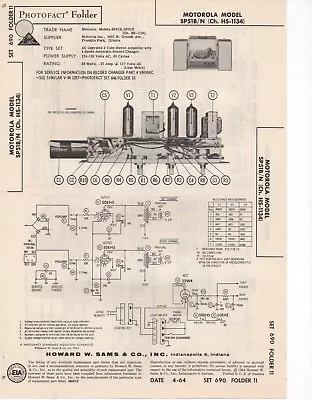 1964 Motorola Sp51b Record Player Amp Service Manual Photofact Sp51n Hs-1134 Fix • $10.99