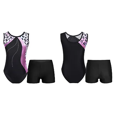 Girls Shiny Metallic Gymnastics Leotard Patchwork Dance Unitards With Shorts Set • £11.99