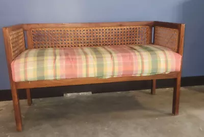 Mid Century Cane Bench Or Sette With PLAID UPHOLSTERY • $700