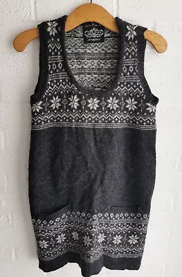 Grey & White Fair Isle Ski Style Wool Sleeveless Tunic Jumper Dress Size 14 • £14.99