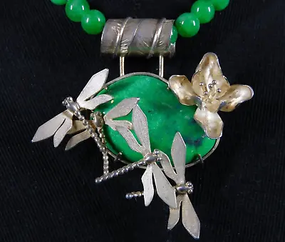 Vintage Hector Salcado Green Agate 950 Silver Dragonflies Flower Necklace Mexico • £771.54