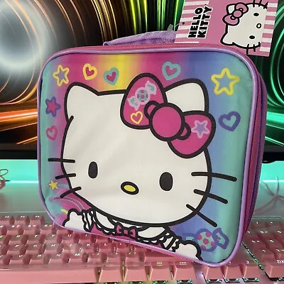 New Sanrio Hello Kitty Pink Purple Face Now Rainbow Soft Lunch Box Zipper Handle • $14.75