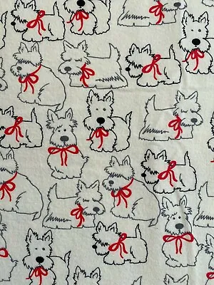 SCOTTIE DOGS RED BOWS FABRIC~Terriers~PALE YELLOW CREAM~Flannel Single Cut 2 YDS • $14.98