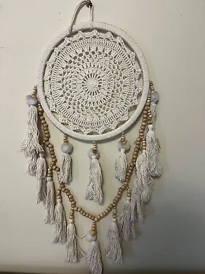 Boho Cream Macrame Woven Circle Cotton Tassel Wall Hanging Decor Hippie • $15