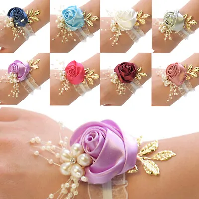 Bride Bridesmaid Pearl Wrist Flower Bracelet Artificial Corsage Wedding Supplies • £3.28