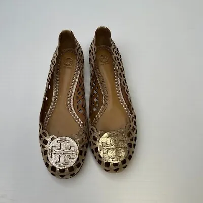 Tory Burch Flat Women 7.5 M Leather Mira Ballet Metallic Medallion Cruise • £126.48