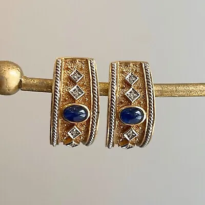 Estate 14K Yellow Gold Matte Byzantine Etruscan Diamond Sapphire Omega Earrings • $1199.99