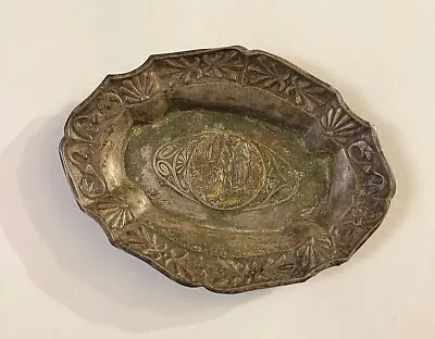 Antique Metal Dish Coin Trinket Tray Woman Praying To Figure In Front Of Church • $35