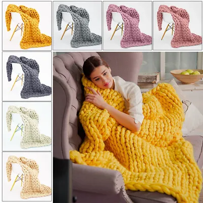 Chunky Knit Throw Large Thick Yarn Bulky Knitted Pom Pom Wool Sofa Bed Blanket • £31.95
