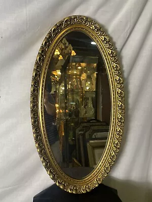 #102 Vintage Gold Wood Framed Oval Accent Mirror ￼33.5” X 18” • $68