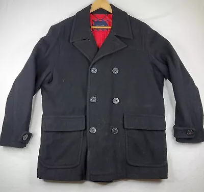 TOMMY HILFIGER Peacoat Mens XL Black Double Breasted Coat Wool Blend Heavy Lined • $40