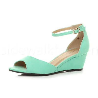 Womens Ladies Medium Wedge Heel Evening Party Ankle Strap Sandals Peep Toe Shoes • £23.99