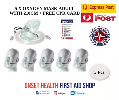 5 X Oxygen Mask Adult With 210cm + Free Cpr Card - Tubing Adult Hospital Grade • $41.95