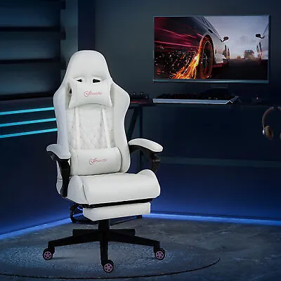 Racing Gaming Chair W/ Arm Faux Leather Gamer Recliner Home Office White • £135.99