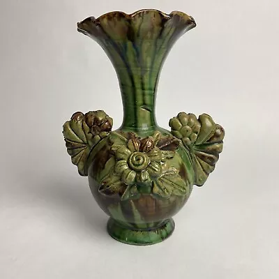 Vintage Studio Art Pottery Stoneware Vase Floral Applied Drip Glaze Green 7” • $17