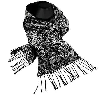 Enzo Mantovani Italian 100% Cashmere Silk Black White Paisley Scarf Fringe 69  L • $19.94