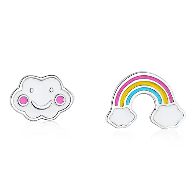 925 Sterling Silver Rainbow Smiley Cloud Stud Earrings Womens Girls Jewellery UK • £2.99
