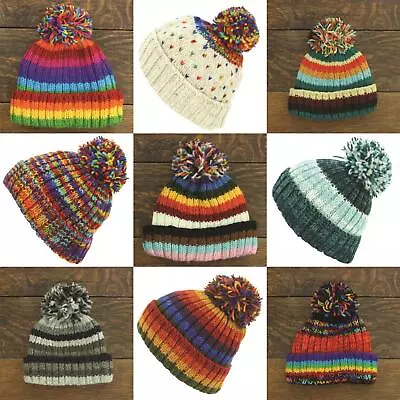 Chunky Wool Knit Beanie Bobble Hat Men Ladies Warm Winter Slouch Baggy Lined • £14.90