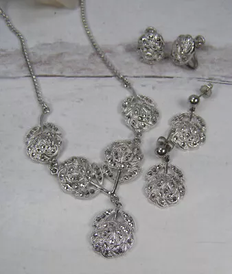 Vintage Rhodium Plated Sterling Silver Rose Flower Necklace Earrings Set • $55