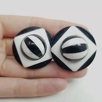 Vintage Retro Black And White Clip On Earrings Funky 60s 70s Style Design • £20.51