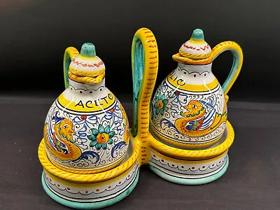 Raffaellesco Vintage Italian Art Pottery Set Olive Oil Vinegar Caddy Italy • $69.99