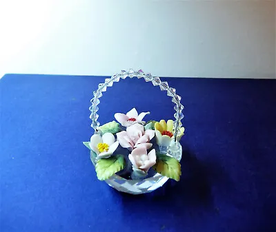 Vintage Crystal Basket Of Porcelain Flowers With Beaded Handle • $7.99